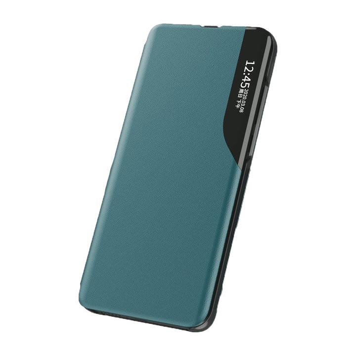 Калъф GEO, съвместим с телефон, Smart View, съвместим с Honor Magic5 Lite, екологична кожа, стойка, тъмнозелен