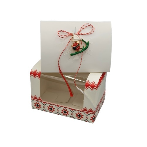 Martisor tip brosa, Ghiocel cu buburuza, in cutie cu motiv traditional