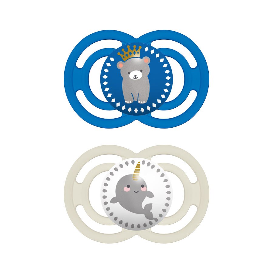 Set 2 Suzete din Silicon, MAM Perfect, 12 Luni+, Model Ursulet, cu Cutie pentru Sterilizat, Buton de Prindere, Fara BPA, Albastru/Gri