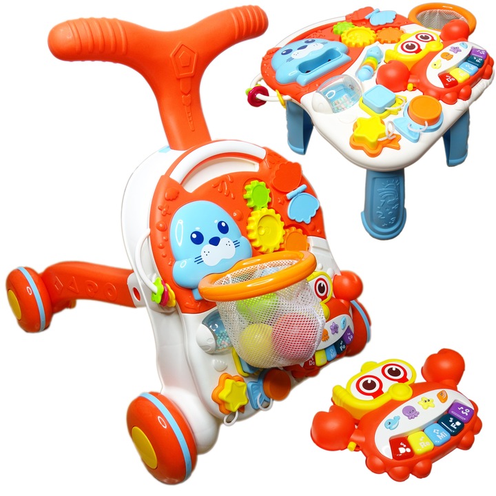 Antemergator Interactiv 5 in 1 Salamandra Kids, cu Centru de Activitati si Joaca, Masuta Educativa, Pian Detasabil, Cos de Bascket, Forme Geomatrice, Portocaliu