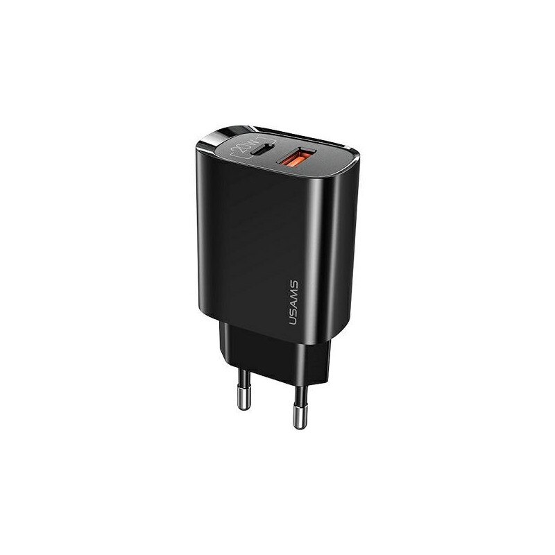 Incarcator Retea Fast Charger Usams 1 X Usb C, 1 X Usb, 20w Pd 3.0 + Qc 3.0, Negru - T35