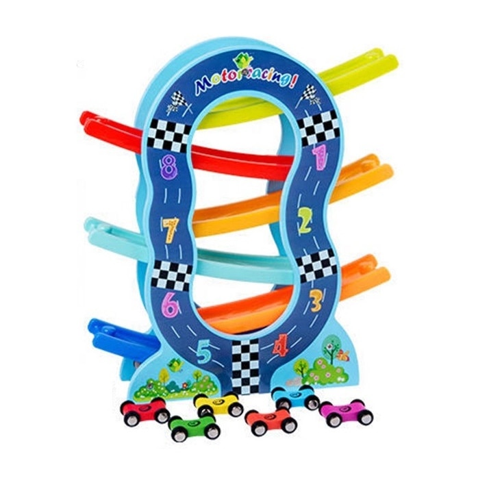 Circuit din lemn cu 6 piste si 6 masinute, multicolor