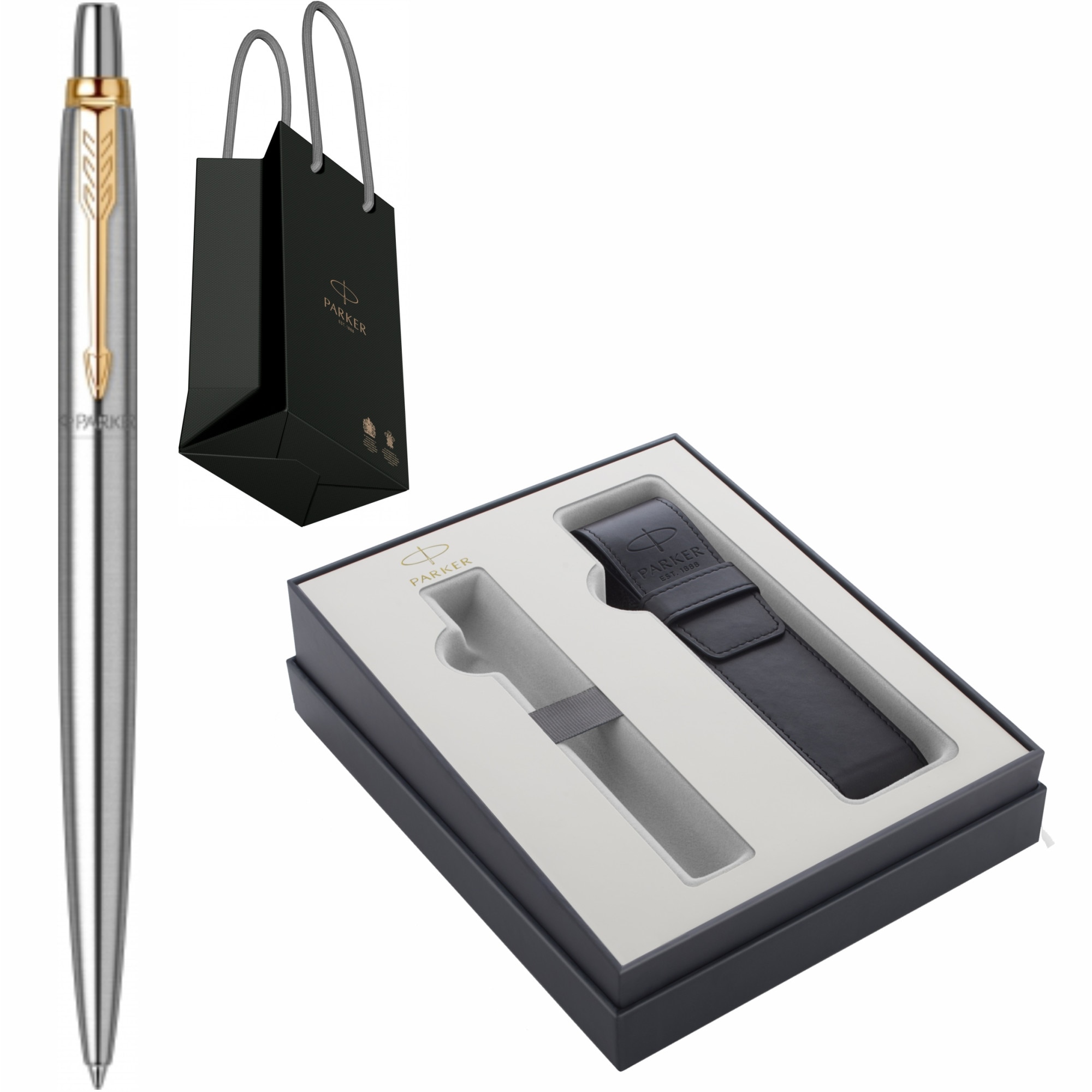 Pix Parker Jotter Royal Stainless Steel GT Personalizat prin Gravura Laser in Cutie cu Etui Piele Parker Focus Collection si Punga Parker