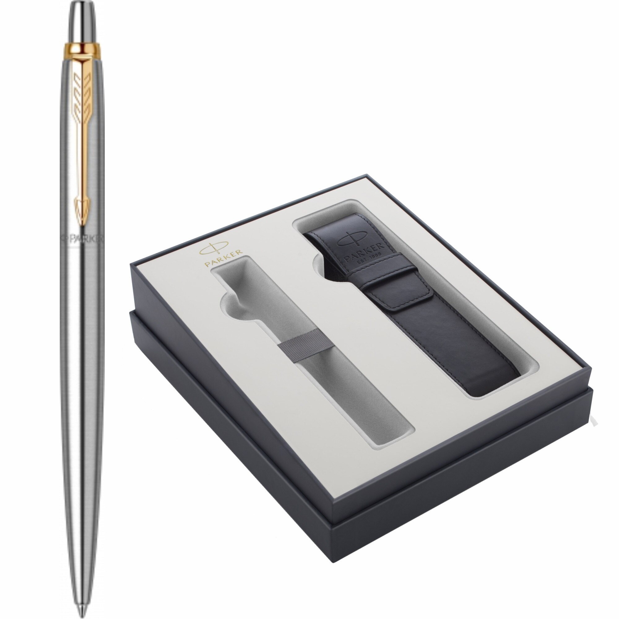 Pix Parker Jotter Royal Stainless Steel GT Personalizat prin Gravura Laser in Cutie cu Etui Piele Parker Focus Collection