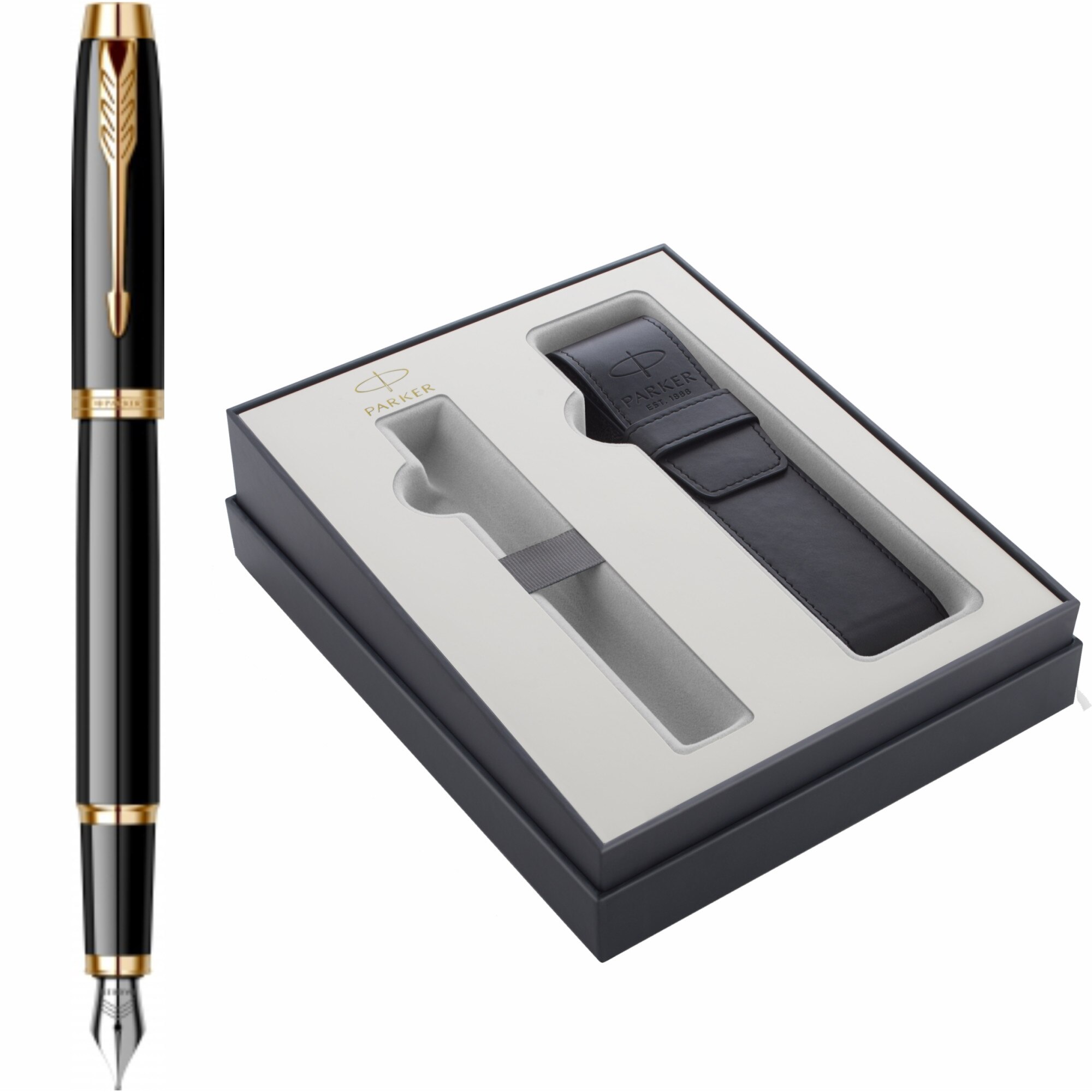 Stilou Parker IM Royal Black Lacquer GT Personalizat prin Gravura Laser in Cutie cu Etui Piele Parker Focus Collection