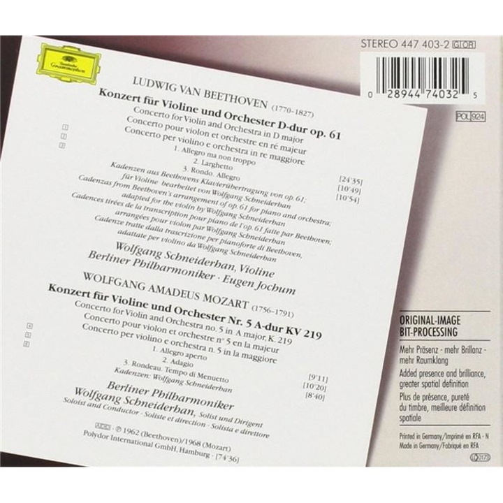 Berliner PhilharmonikerEugen JochumWolfgang Schneiderhan - Beethoven: Violinkonzert / Mozart: Violinkonzert Nr. 5 - CD