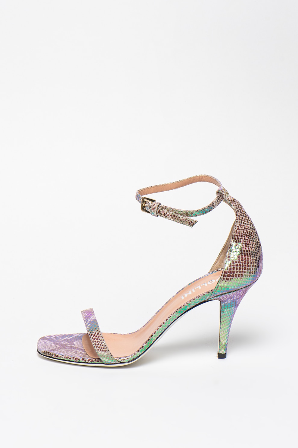 Pollini, Sandale de piele cu toc inalt, Argintiu/Verde, 38