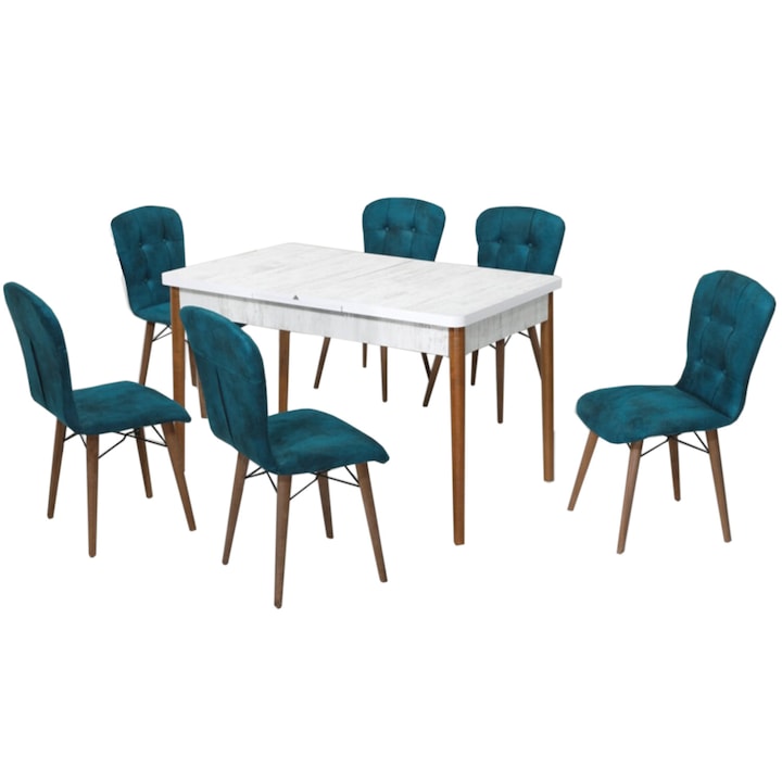 Set masa extensibila cu 6 scaune tapitate Homs alb-cobalt blue 170 x 80 cm picioare lemn