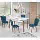 Set masa extensibila cu 6 scaune tapitate Homs cristal-blue-picior-alb-170 x 80 cm