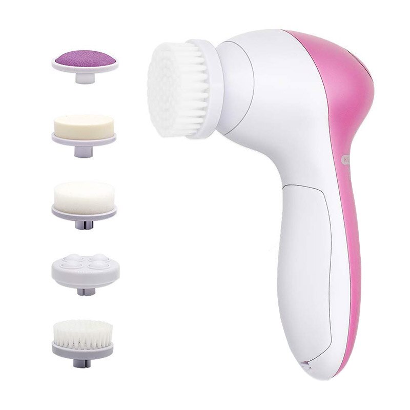 Perie electrica 5in1 pentru piele, Curata in profunzime, Plastic, Roz/Alb