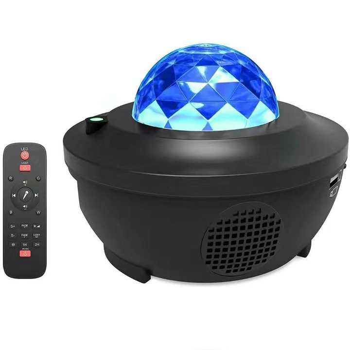 Proiector cu player muzical, Ranpo, LED, RGB, USB, Temporizator, Negru