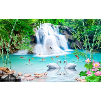 Fototapet autocolant PVC Lebede si cascada, 70x105 cm Fototapet autocolant PVC Lebede si cascada, 70x105 cm