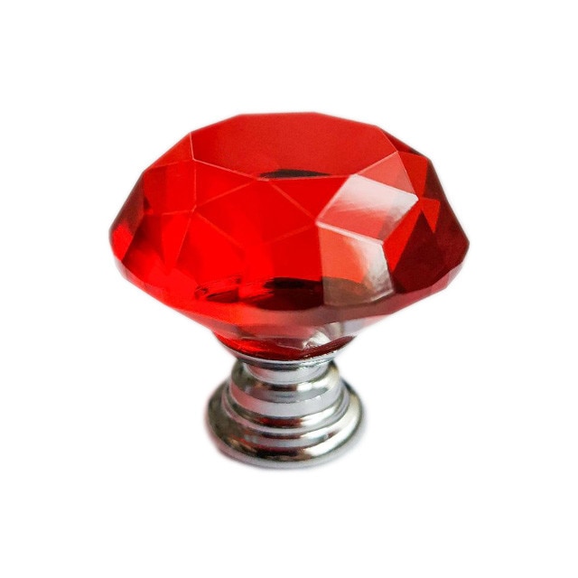 Buton maner mobila cristal rosu, forma diamant, ∅ 30 mm