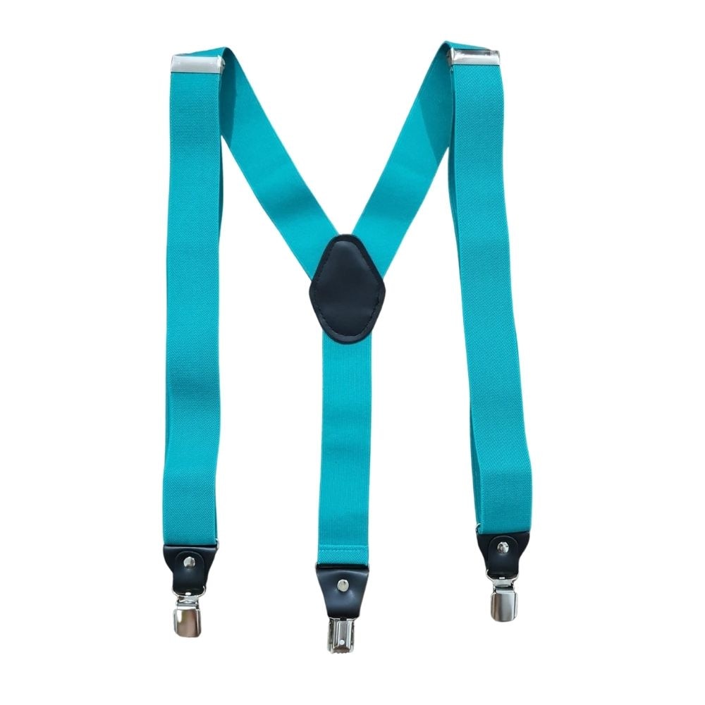 Bretele medii, Onore, poliester, latex si piele ecologica, turcoaz, reglabile si elastice, 80 - 120 x 3.5 cm