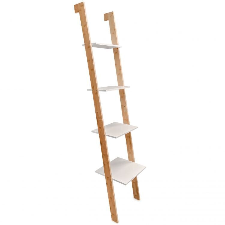 Raft universal design modern, 4 rafturi mari, cadru din bambus si polite din MDF finisat, 161 x 48 x 34 cm, alb
