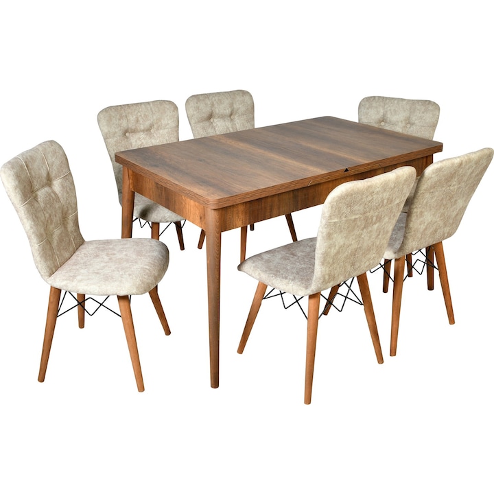 Разтегателен комплект маса с 6 тапицирани стола Homs , 170 x 80 cm, Дървени крака, Орех / Бежов
