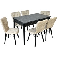 set masa extensibila cu 6 scaune tapitate bej homs negru marmorat 170 x 80 cm picioare lemn imagen 42_0_
0