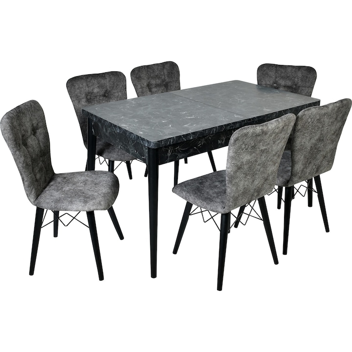 Set masa extensibila cu 6 scaune tapitate Homs negru marmorat/gri 170 x 80 cm picioare lemn