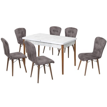 Set masa alba extensibila cu 6 scaune tapitate gri Homs Cristal 170 x 80 cm, picioare lemn Set masa alba extensibila cu 6 scaune tapitate gri Homs Cristal 170 x 80 cm, picioare lemn