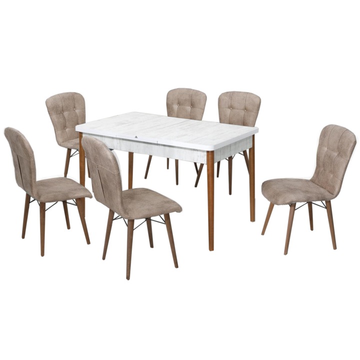 Set masa alba extensibila cu 6 scaune tapitate maro Homs Cristal 170 x 80 cm, picioare lemn