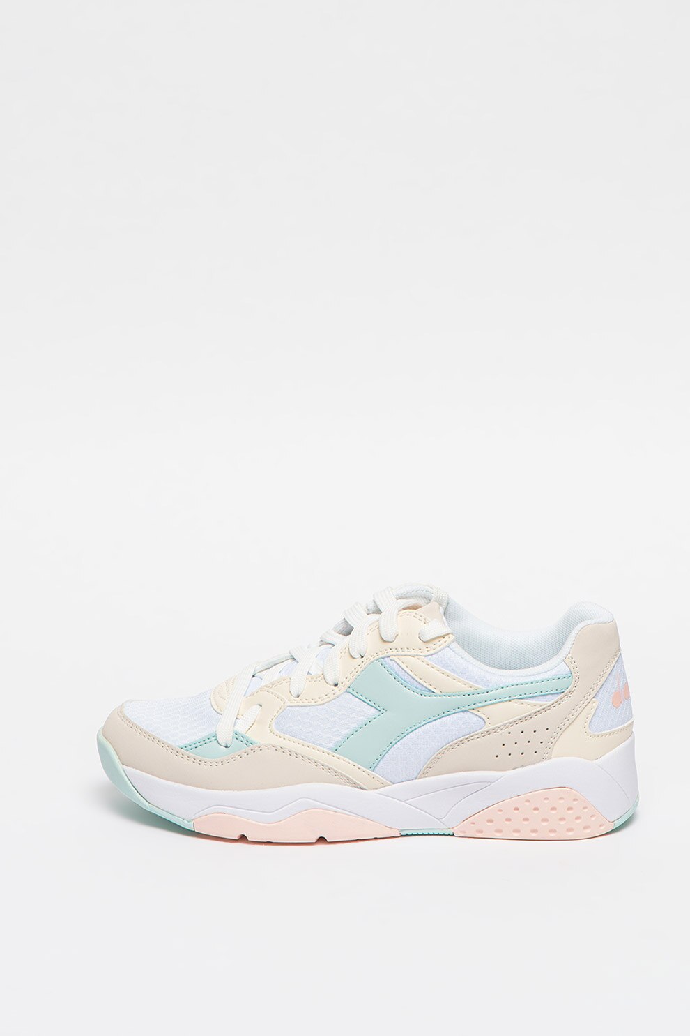 Diadora, Pantofi sport de piele ecologica cu material textil Flex Run, Alb/Bej/Verde menta, 4.5