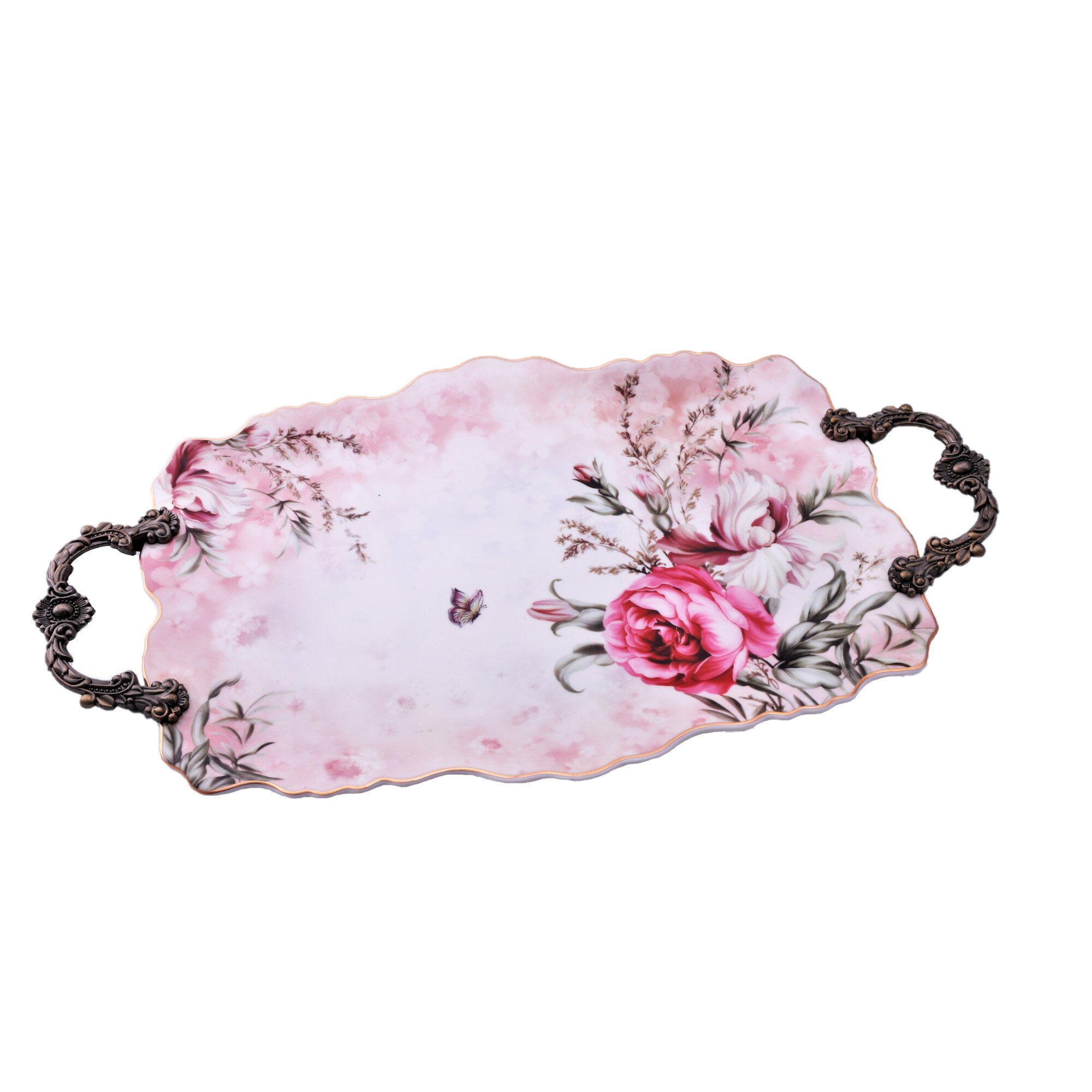 Tava servire ceramica cu manere metal, model 7501M-P, imprimeu floral, 36cm*24,5cm