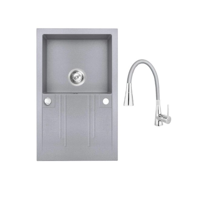 Set chiuveta Ferro granit gri o cuva 78x48, cu baterie Ferro flexibila 2 functii gri