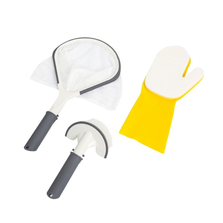 Set 3 piese pentru curatare piscina, Bestway Lay-Z-Spa, plasa, perie, manusa impermeabila cu burete