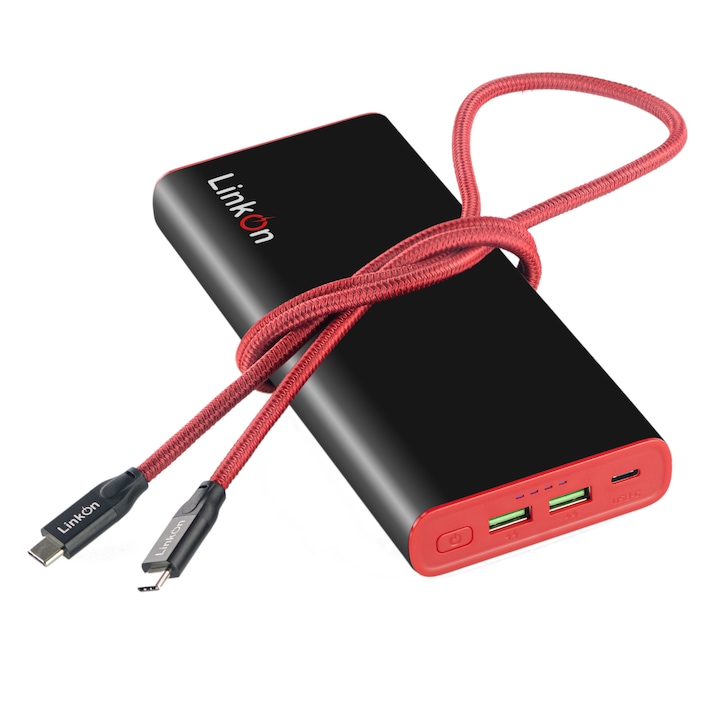 Външна Батерия LinkOn, 136W, 26800mAh, Бързо Зареждане, за Лаптопи, Телефони и Таблети, USB-C PD3.0 PPS 100W, 2 X USB-A QC3.0 18W, 100W USB-C 3.1 Gen 2 (10Gbit) кабел, Черно/Червено