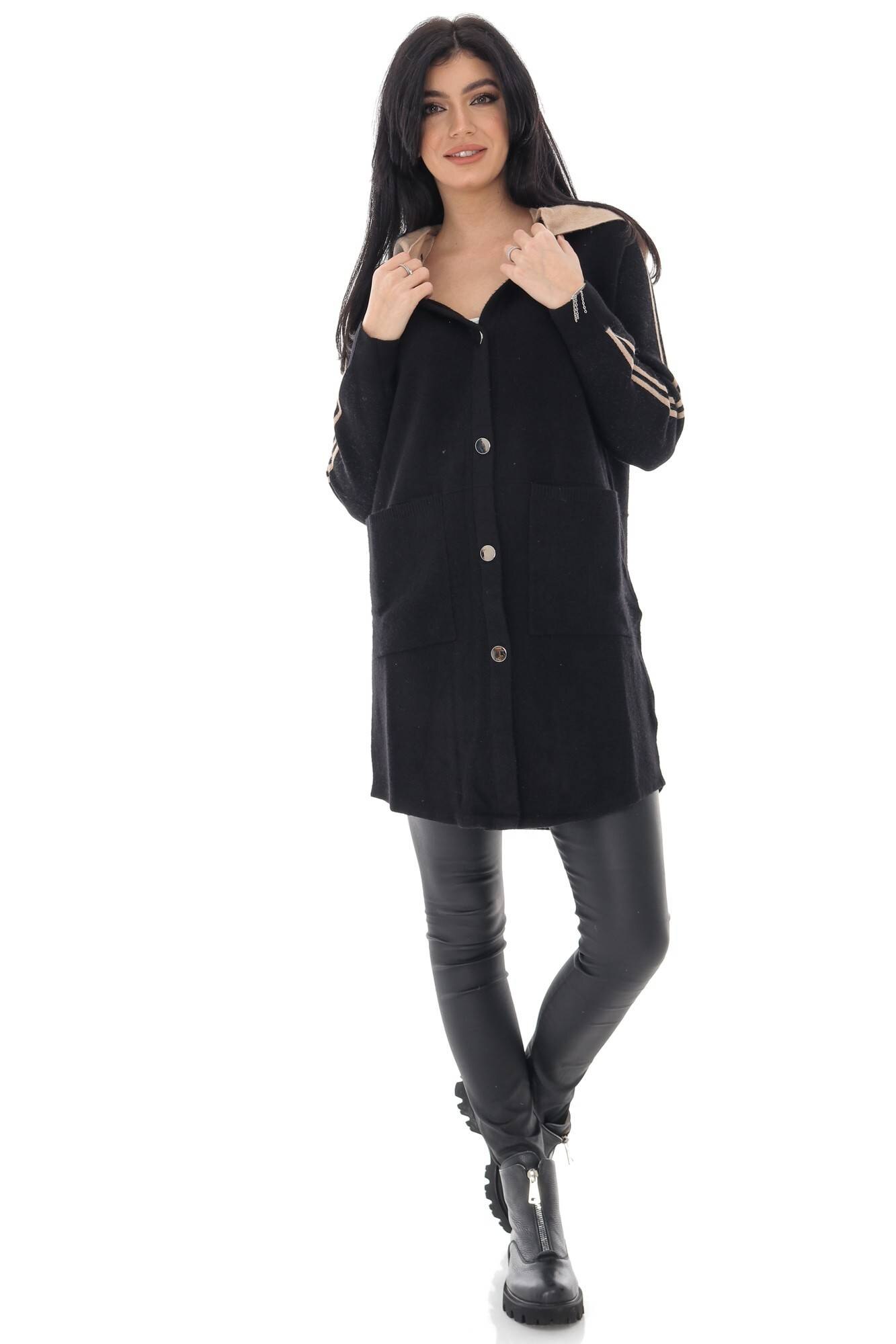 Cardigan de dama, ROH, cu gluga in contrast, Negru