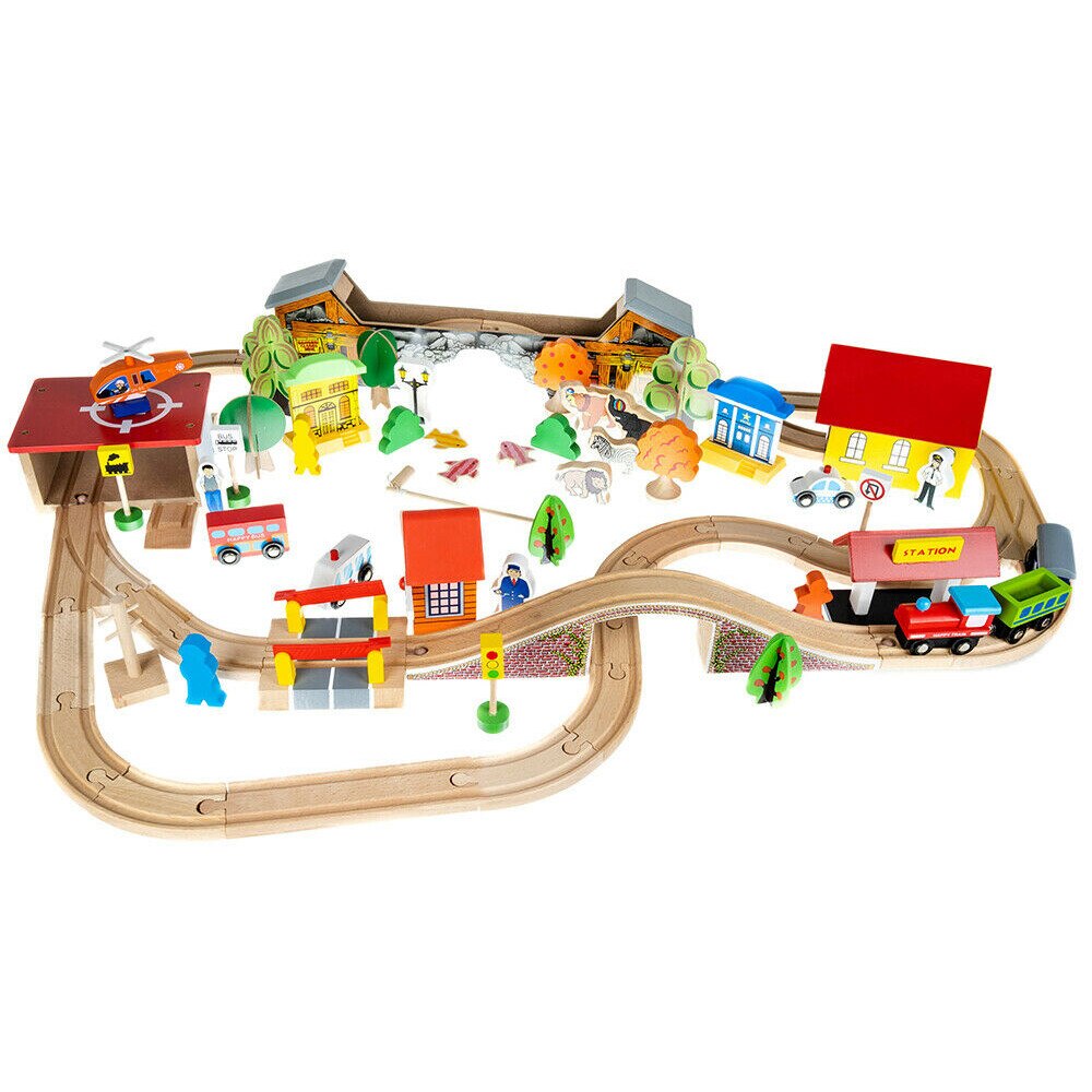 Circuit Trenulet din Lemn Natural, 89 de Accesorii Incluse 