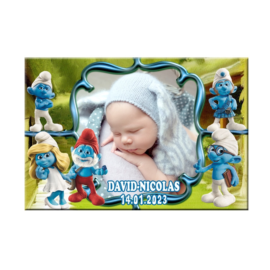 Marturie botez, tematica strumfi, dimensiune 9.5 cm x 6.5 cm