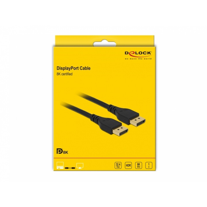 Cablu Displayport 8K 60Hz / 4K 240Hz (DP 8K certificat) T-T 1m Negru, Delock 85909