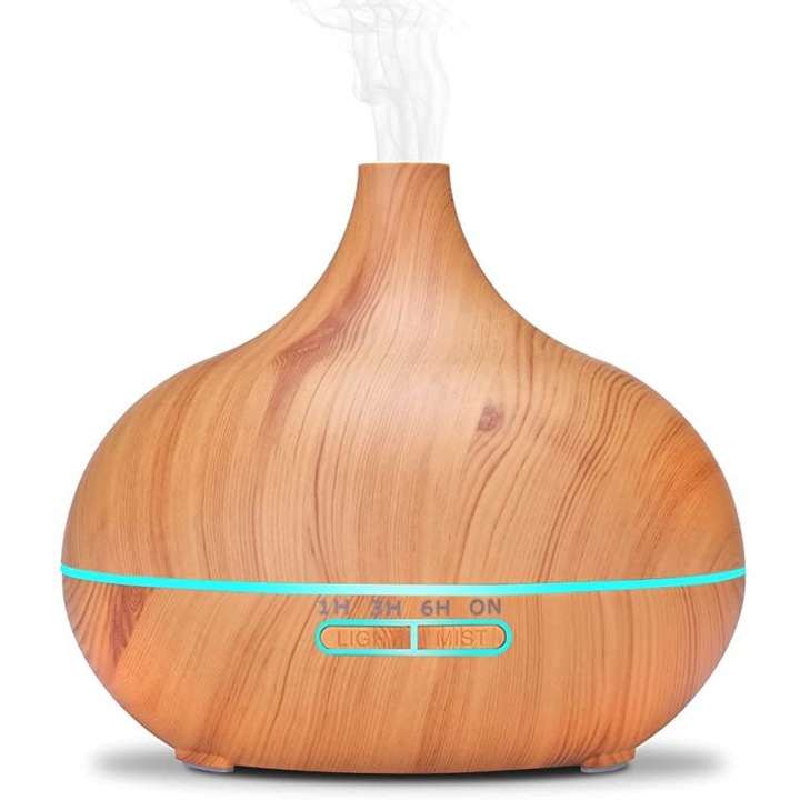 EZEN Etna Music Aromaterápiás diffúzor, ultrahangos párásító, távirányítóval, 550ml, 7 színű fénnyel, világos fa