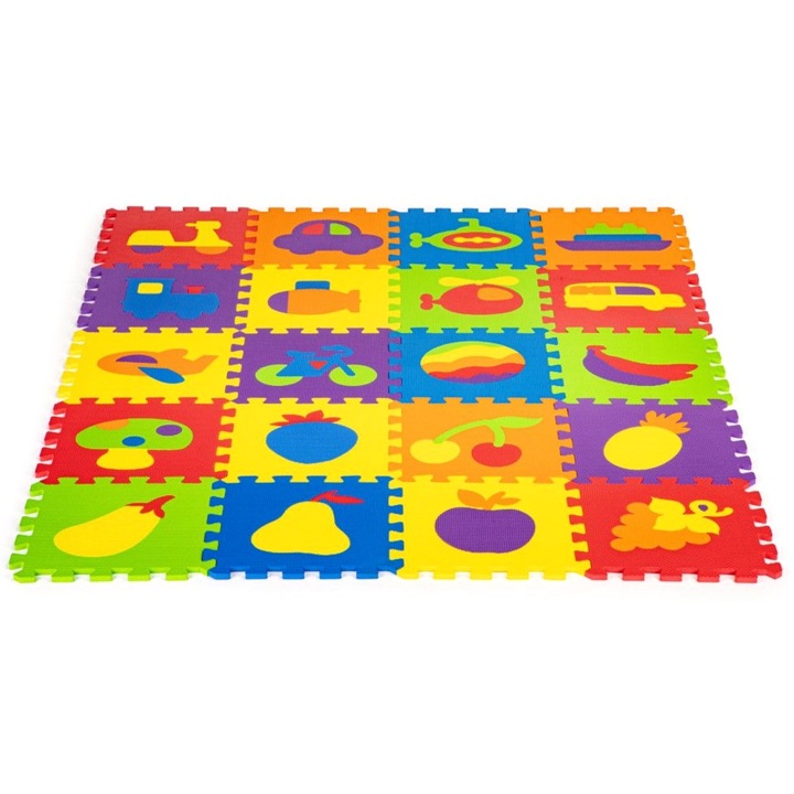 Puzzle Interactiv tip covoras, Dimensiuni 148 x 119 cm, Setul este format din 20 puzzle-uri patrate mari cu vehicule si fructe, Material burete, Ajuta la dezvoltarea creativitatii si coordonarii Mana-Ochi pentru copii, Culoare Multicolor