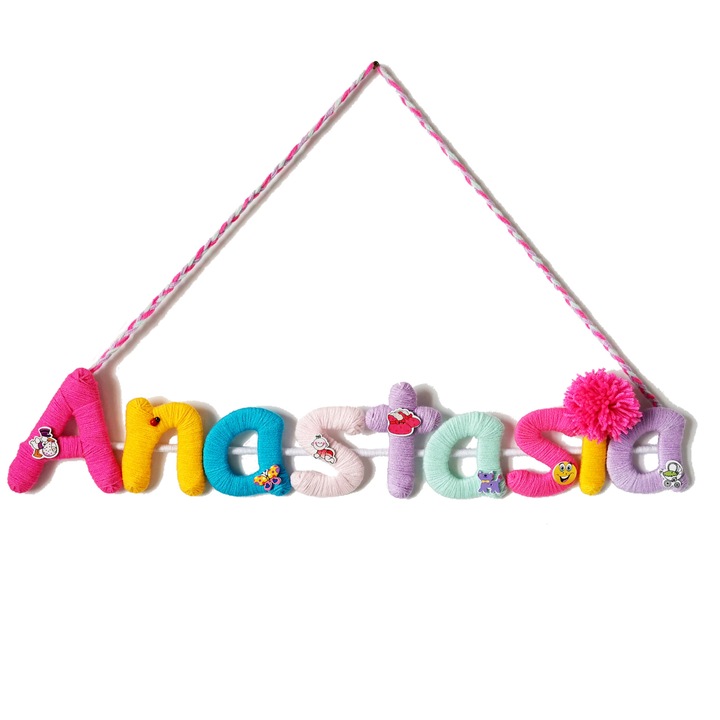 Decoratiune handmade pentru camera copilului, cu nume personalizat Anastasia, 70x13 cm, multicolor