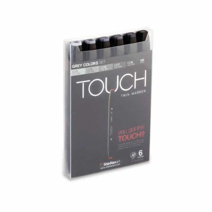 Комплект маркери ShinHan Art, TOUCH TWIN, 6 броя, степени на сиво