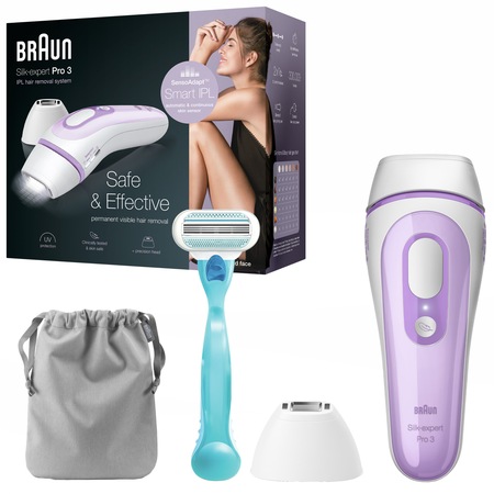 Epilator IPL Braun Silk-expert PRO 3 PL3111, SensoAdapt™, 300.000 impulsuri, 3 niveluri de intensitate, corp si fata, cap de precizie, aparat de ras Venus, Saculet de calatorie, Alb/Mov