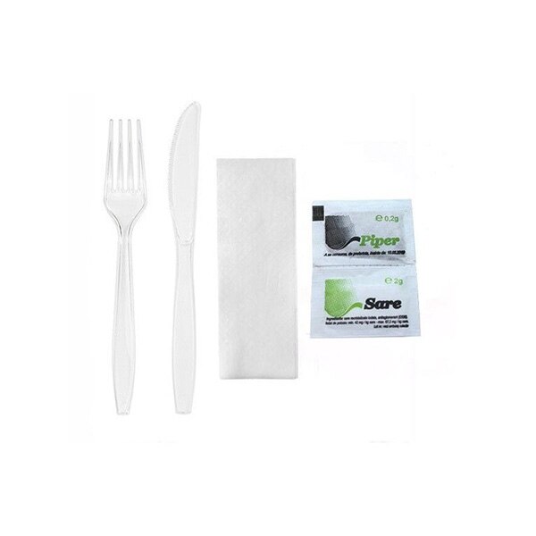 Set 100 bucati, cutit, furculita, sare, piper, servetel unica folosinta