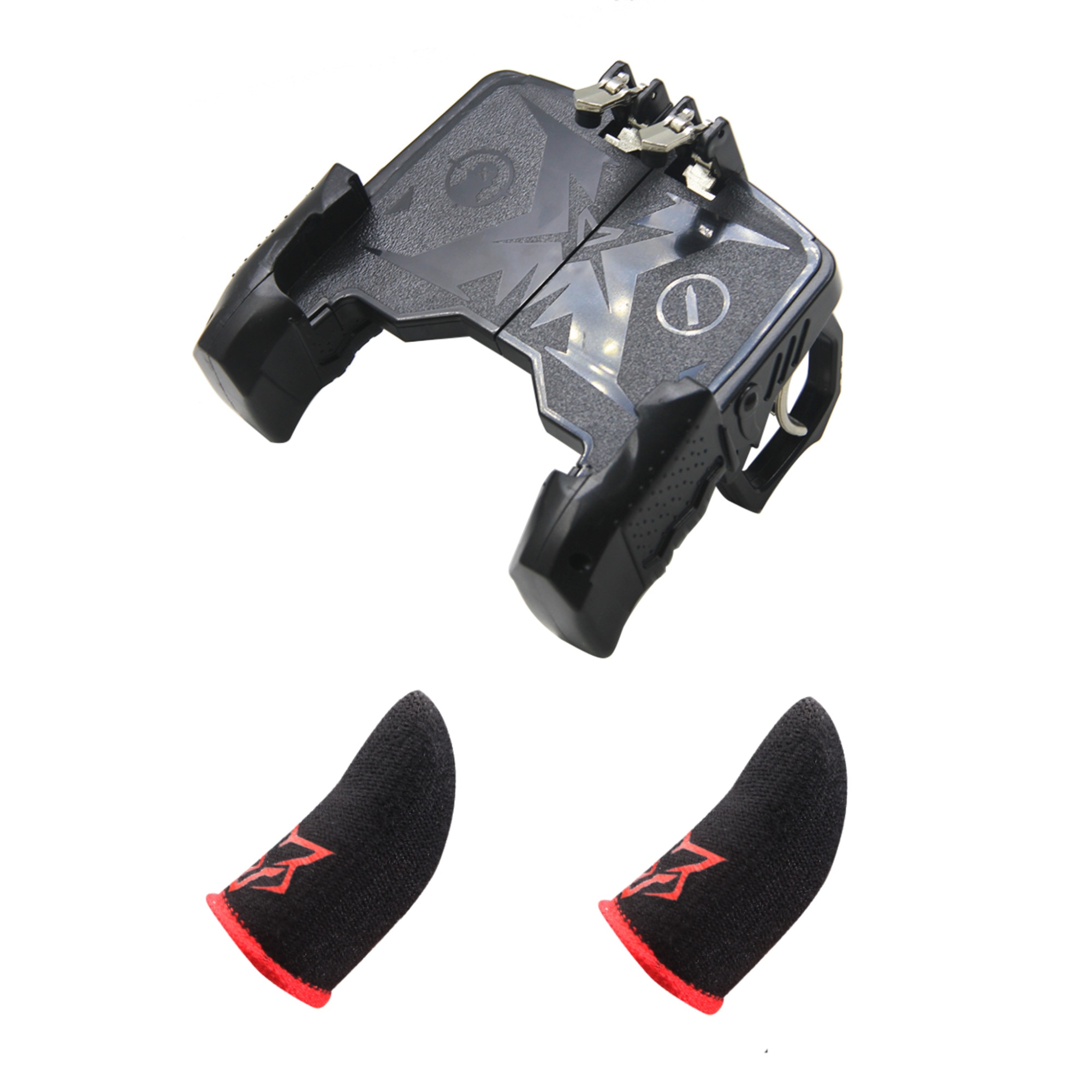 Controler gaming telefon, model K21, 2 triggere cu 2 manusi profesionale Fox red, fibra carbon,Fortnite Battlegrounds Call of Duty pubg, diagonala telefon 4.7-6.5 inch