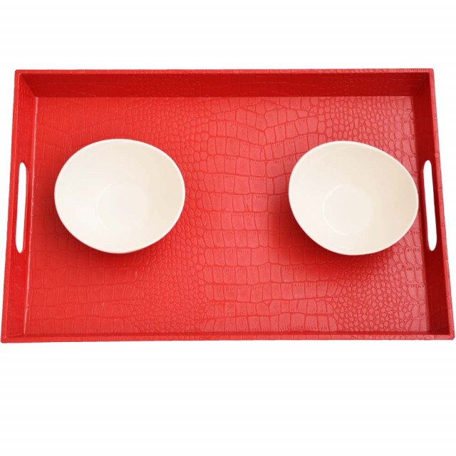 Set tava rosie pentru servire cu doua boluri albe incluse, Pufo