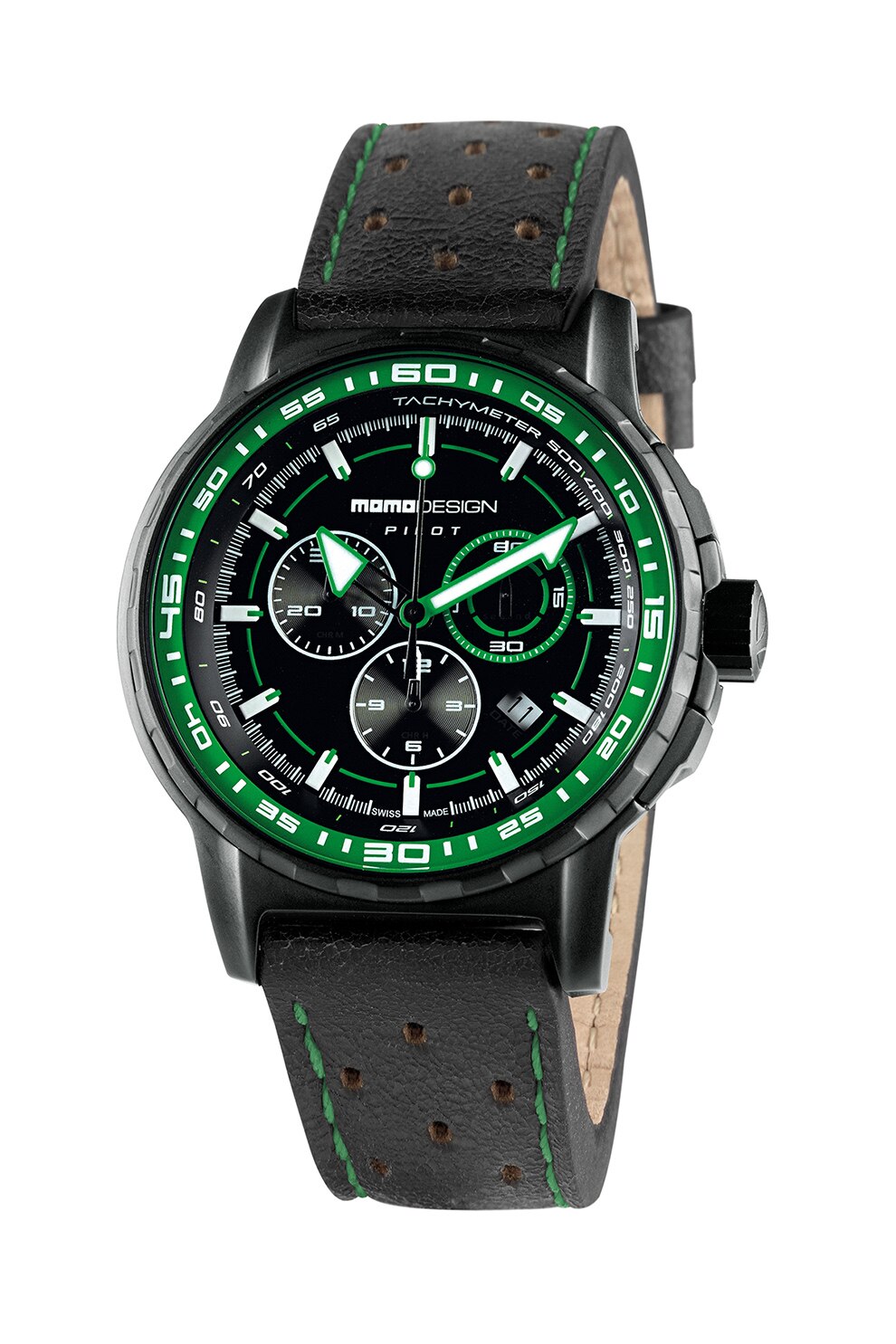 MOMO DESIGN, Ceas analog cronograf cu cusaturi contrastante, Negru/Verde