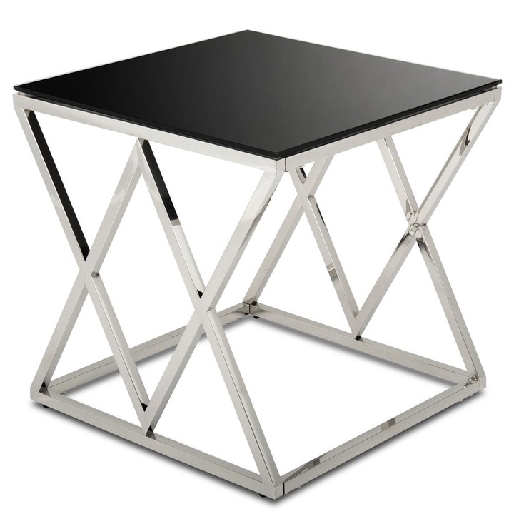 Masuta De Cafea, Loft, Timantti Silver Black, Sticla Dura Calita, Tampoane Solide Din Silicon, Picioare Reglabile, 55x55x55 cm, Argintiu