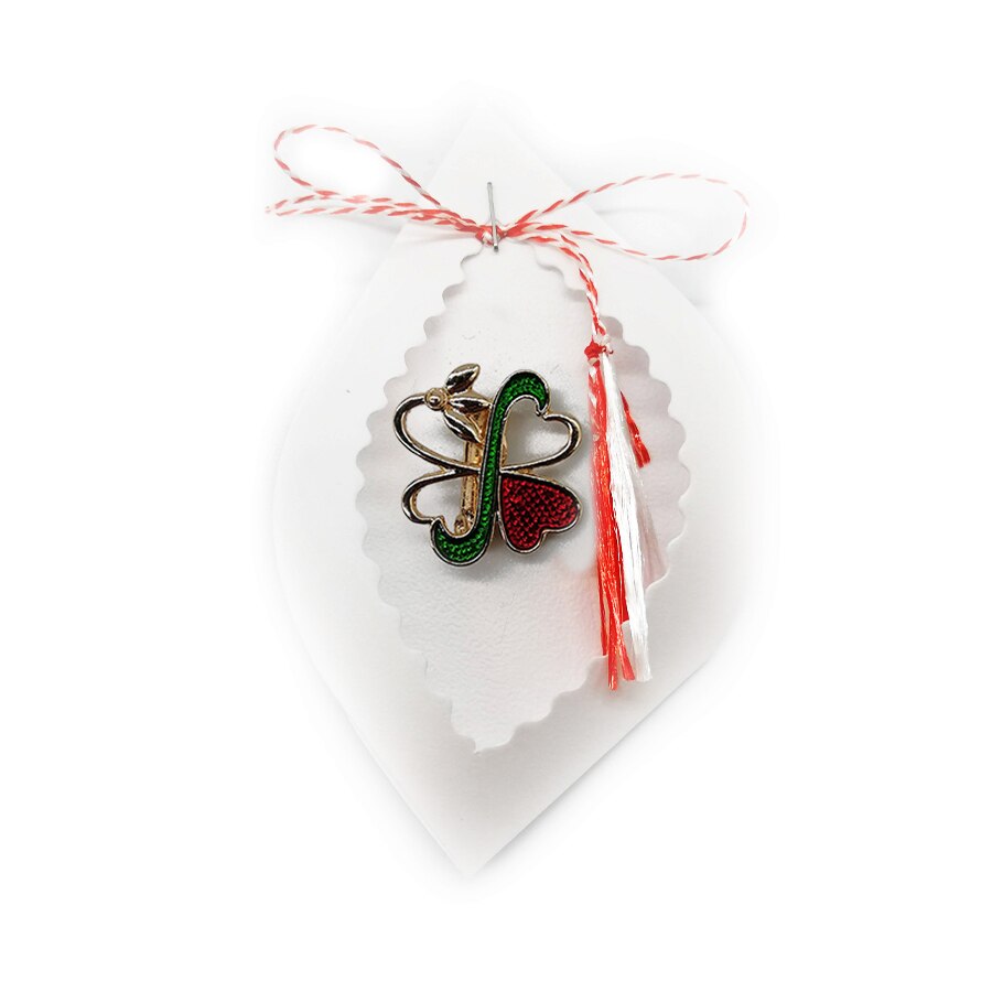 Martisor brosa Trifoi cu patru foi, stilizat, pe carton decupat