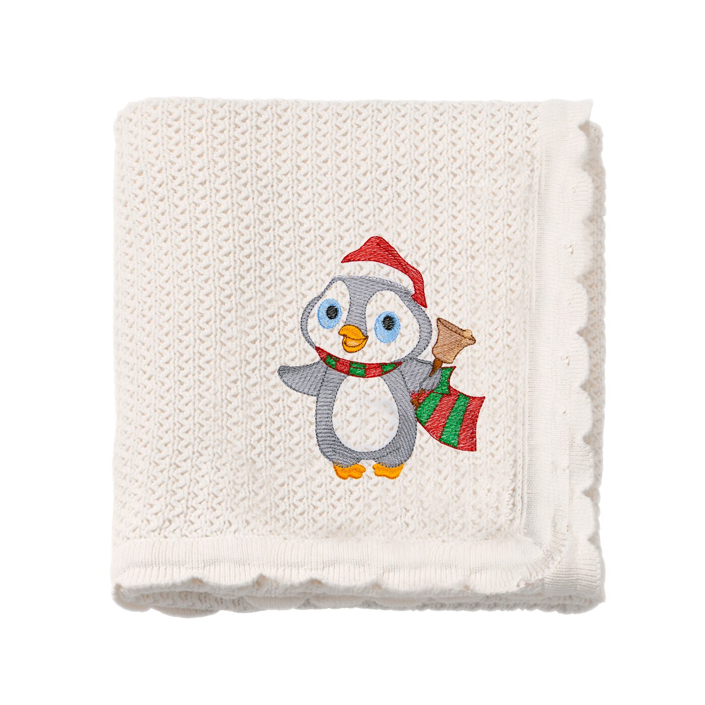 Paturica tricotata bebe, LWS, bumbac, brodata, model Pinguin colindator, 70x90 cm