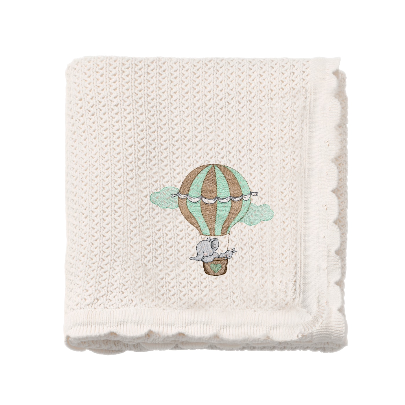 Paturica tricotata bebe, LWS, bumbac, brodata,model Elefant in balon, 70x90 cm