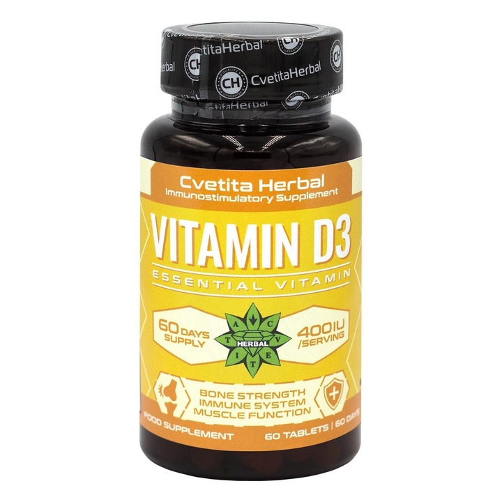 Supliment alimentar Cvetita Herbal Vitamin D3, 60 comprimate, 400 IU