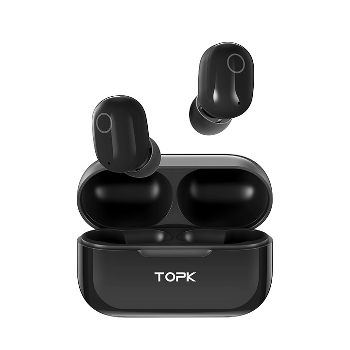 Casti Audio In-Ear TOPK Mini Buds, TWS , Bluetooth, Hi Fi, Rezistent La Apa, Negru