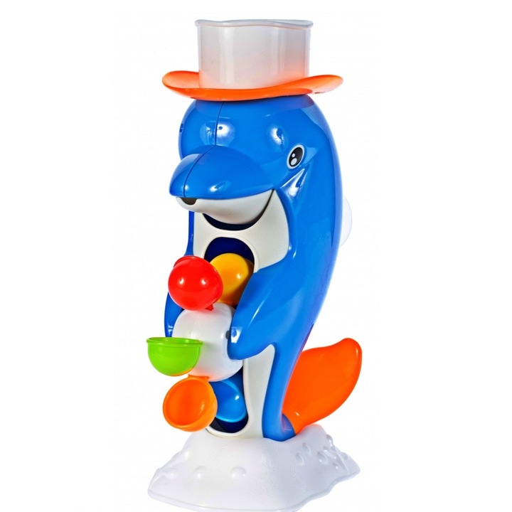 IdealStore Dolphin forgatható fürdőjáték, Méretek 29 x 13 x 10 cm, Tartalma sapka, kerék 6 színes dobbal, Tapadókorong falra vagy kádra szerelhető, Kék szín