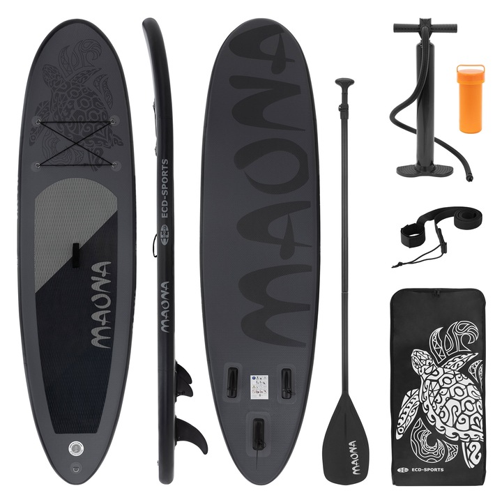 Set placa de surf gonflabila Stand Up Paddle Board Maona cu vasla reglabila ECD Germany, negru, PVC, 308x78x10 cm, capacitate de pana la 120 kg, surfboard, geanta de transport si pompa incluse, SUP